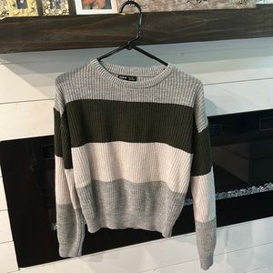 Grey, White, and Green Striped Sweater